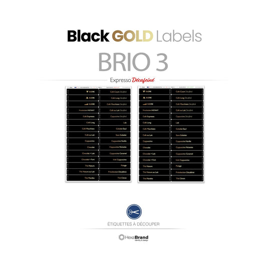 Étiquettes à découper pour distributeurs automatiques de café Necta Brio 3. Design Black Gold