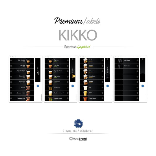 Étiquettes à découper pour distributeurs automatiques de café Necta Kikko. Design Premium, Expresso + Lyophilisé