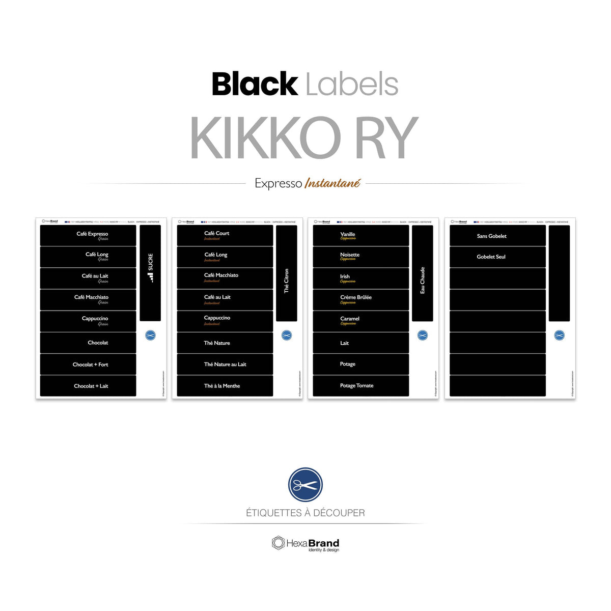 Étiquettes à découper pour distributeurs automatiques de café Necta Kikko RY. Design Black Expresso Instantané