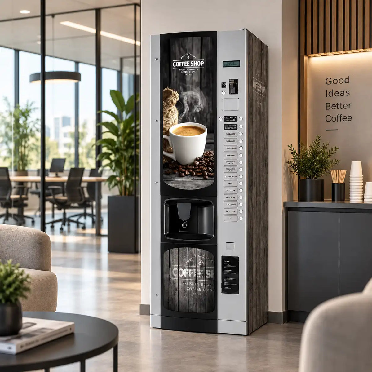 Distributeur automatique Bianchi Lei 600 avec kit d’adhésifs vinyle Coffee Shop installé dans un bureau moderne.