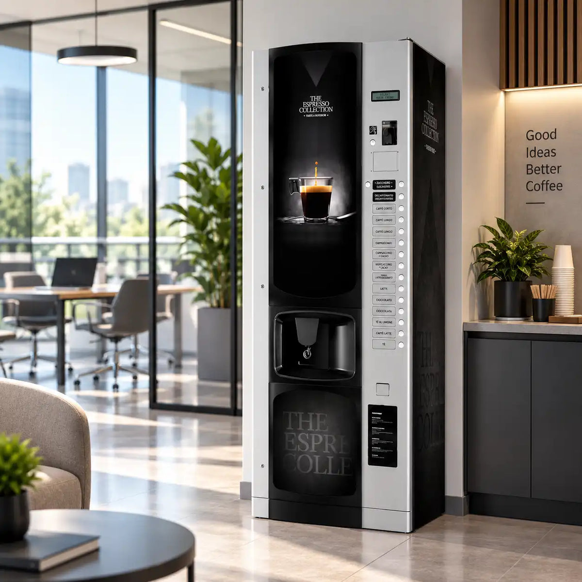 Distributeur automatique Bianchi Lei 600 avec kit d’adhésifs vinyle Time & Flavour installé dans un bureau moderne.