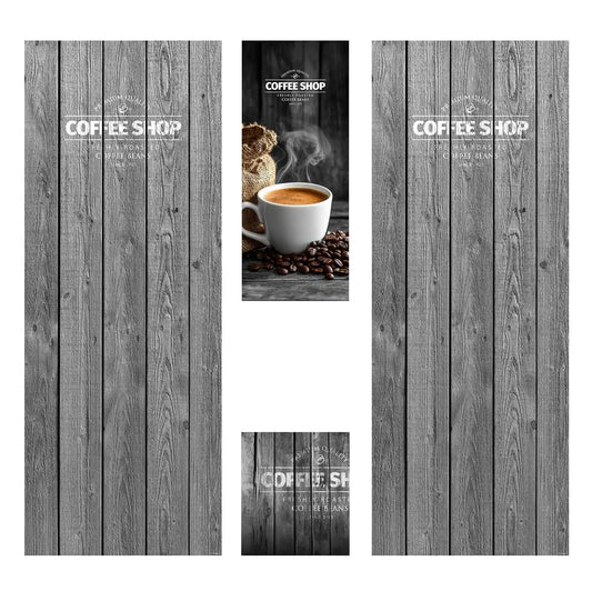Éléments du kit de vinyles adhésifs pour les panneaux frontaux et latéraux des distributeurs automatiques Bianchi Lei 600. Coffee Shop