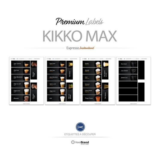 Étiquettes à découper pour distributeurs automatiques de café Necta Kikko Max. Design Premium, Expresso Instantané