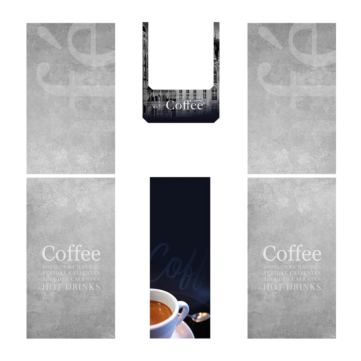 Éléments du kit d’adhésifs frontaux et latéraux pour distributeur automatique Necta Brio UP. Design Brugge.