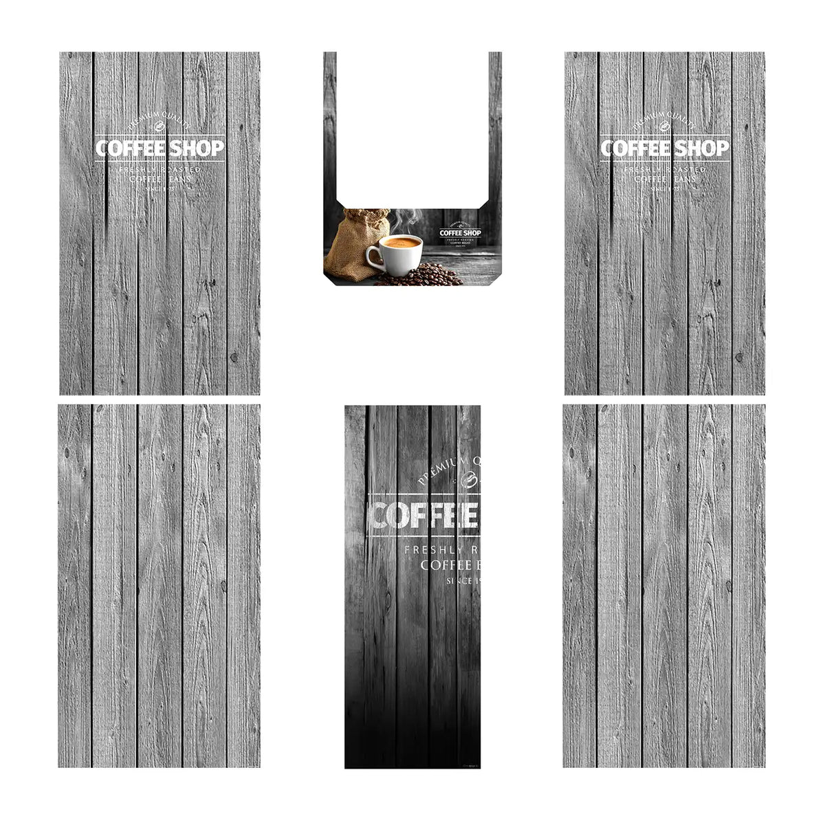 Éléments du kit d’adhésifs frontaux et latéraux pour distributeur automatique Necta Brio UP. Design Coffee Shop