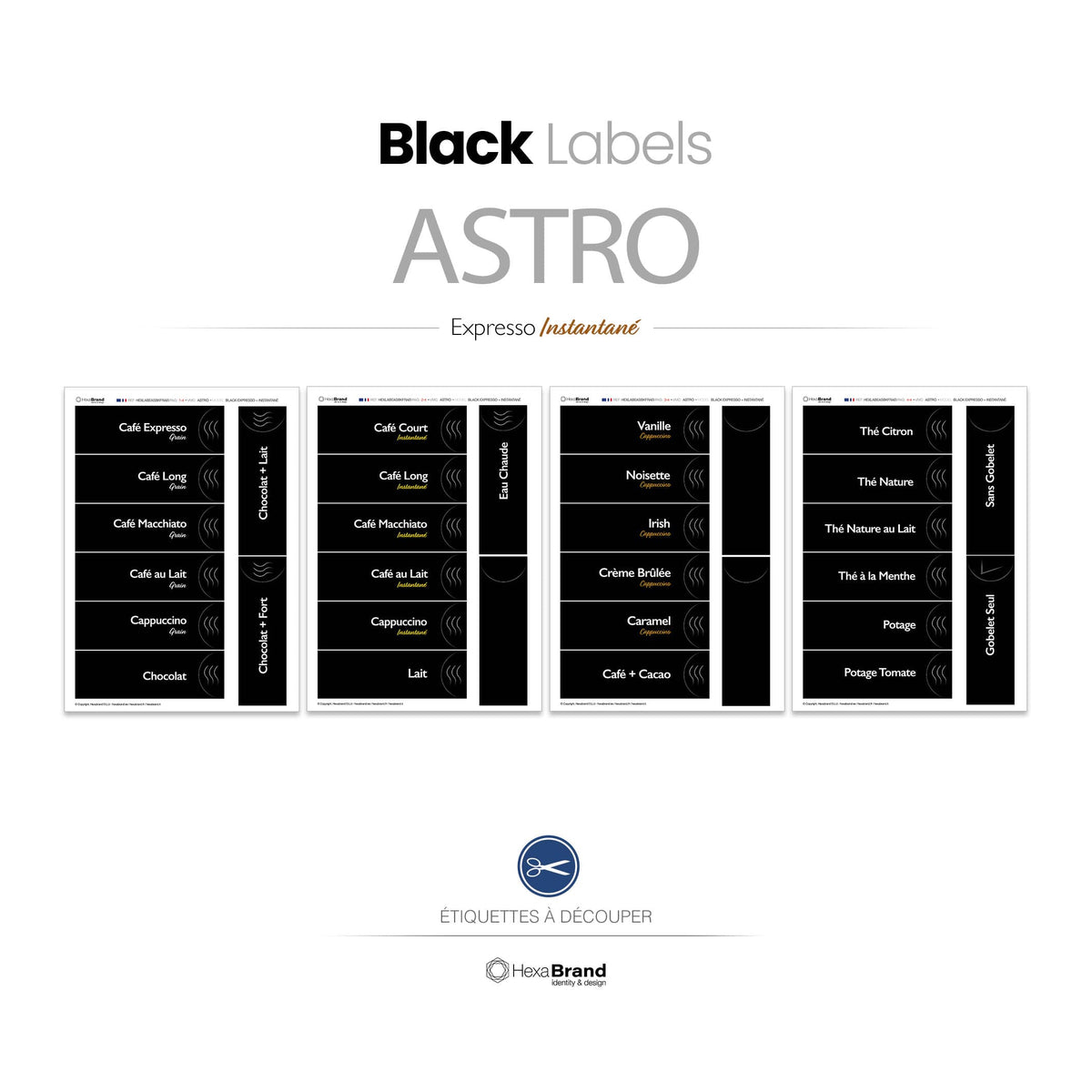Étiquettes rétroéclairables à découper pour distributeurs automatiques de café Necta Astro. Design Black Expresso Instantané
