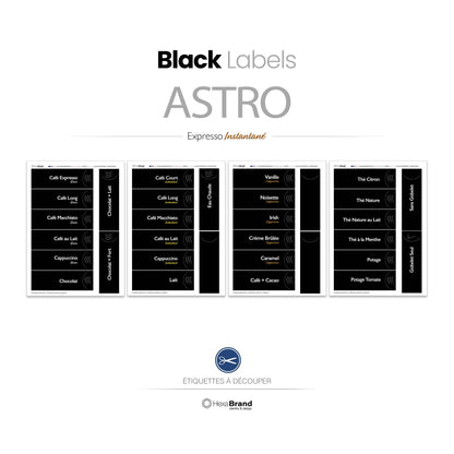 Étiquettes rétroéclairables à découper pour distributeurs automatiques de café Necta Astro. Design Black Expresso Instantané
