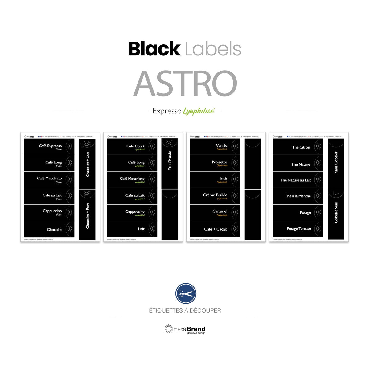 Étiquettes rétroéclairables à découper pour distributeurs automatiques de café Necta Astro. Design Black Expresso Lyophilisé