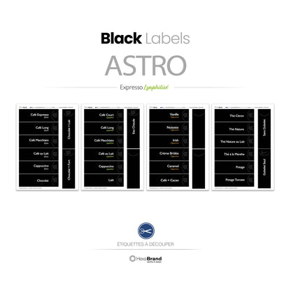 Étiquettes rétroéclairables à découper pour distributeurs automatiques de café Necta Astro. Design Black Expresso Lyophilisé