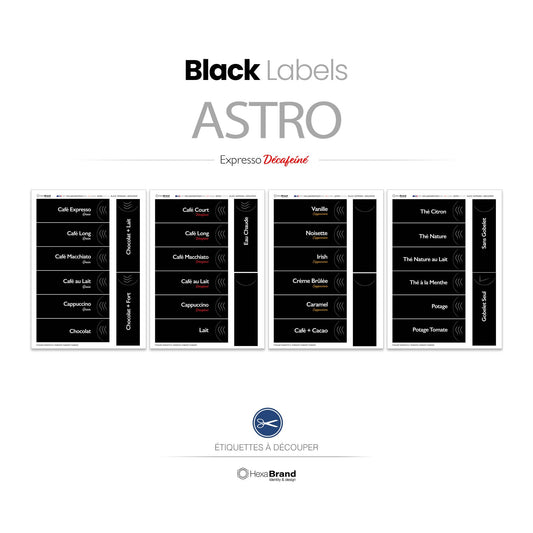 Étiquettes rétroéclairables à découper pour distributeurs automatiques de café Necta Astro. Design Black