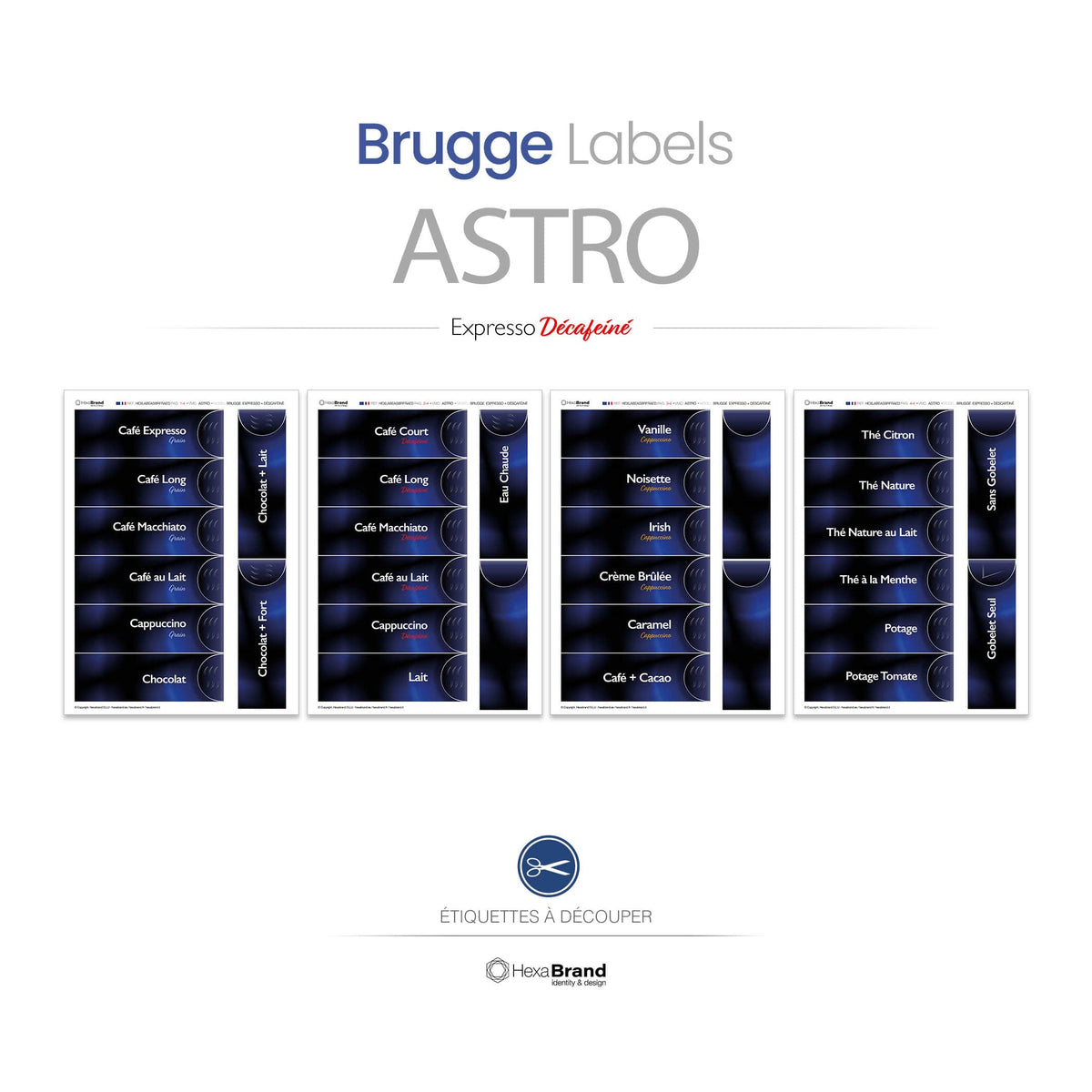 Étiquettes rétroéclairables à découper pour distributeurs automatiques de café Necta Astro. Design Brugge Expresso Décaféiné