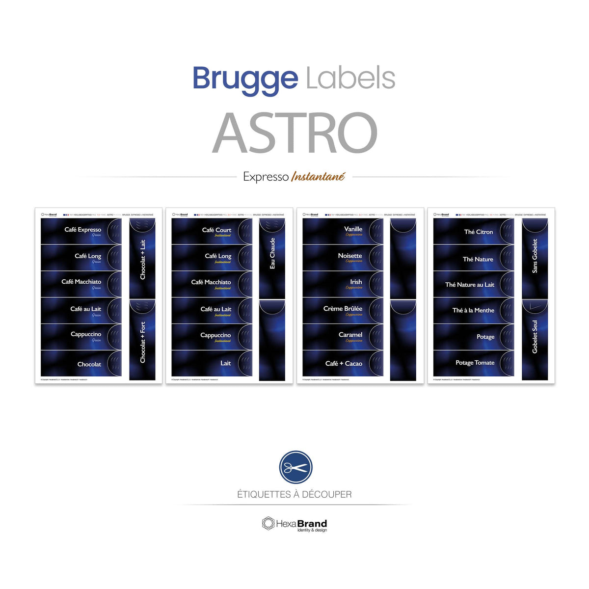 Étiquettes rétroéclairables à découper pour distributeurs automatiques de café Necta Astro. Design Brugge. Expresso + Instantané