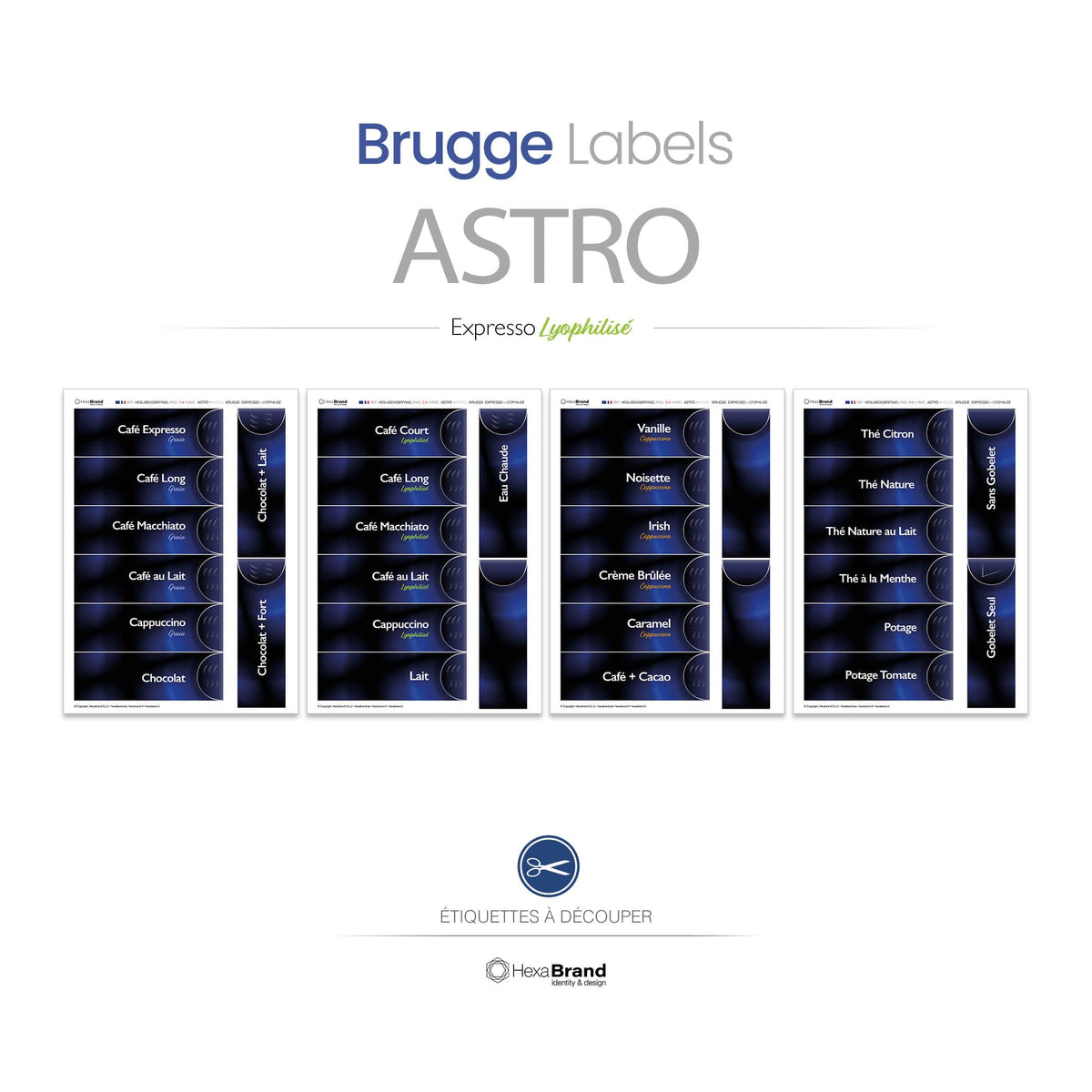 Étiquettes rétroéclairables à découper pour distributeurs automatiques de café Necta Astro. Design Brugge. Expresso Lyophilisé