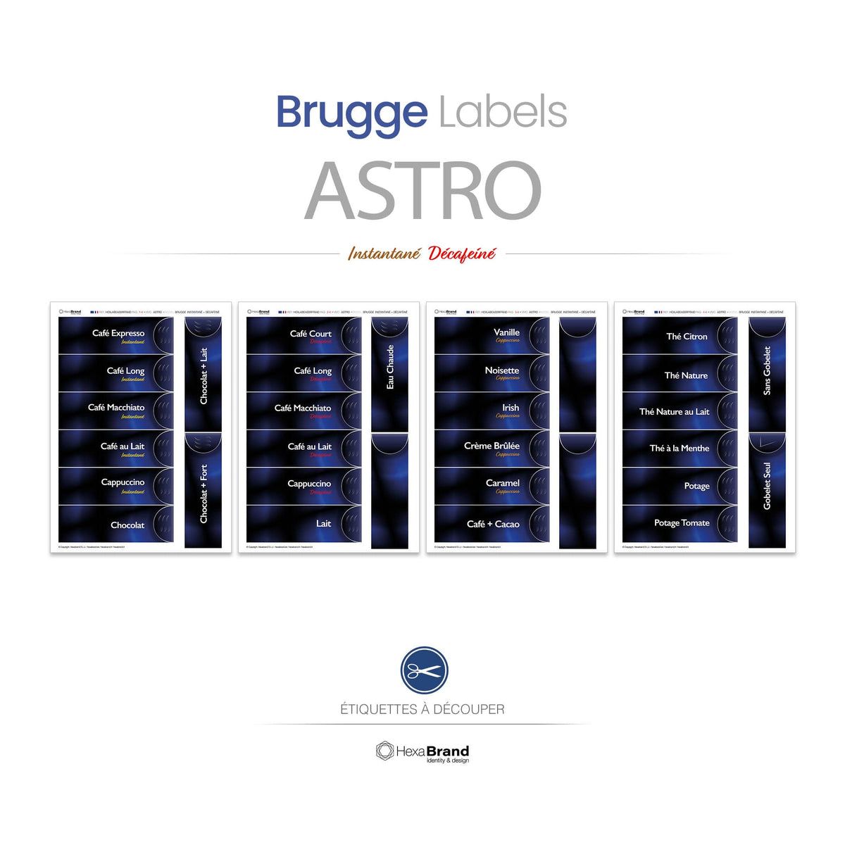 Étiquettes rétroéclairables à découper pour distributeurs automatiques de café Necta Astro. Design Brugge. Instantané + Décaféiné