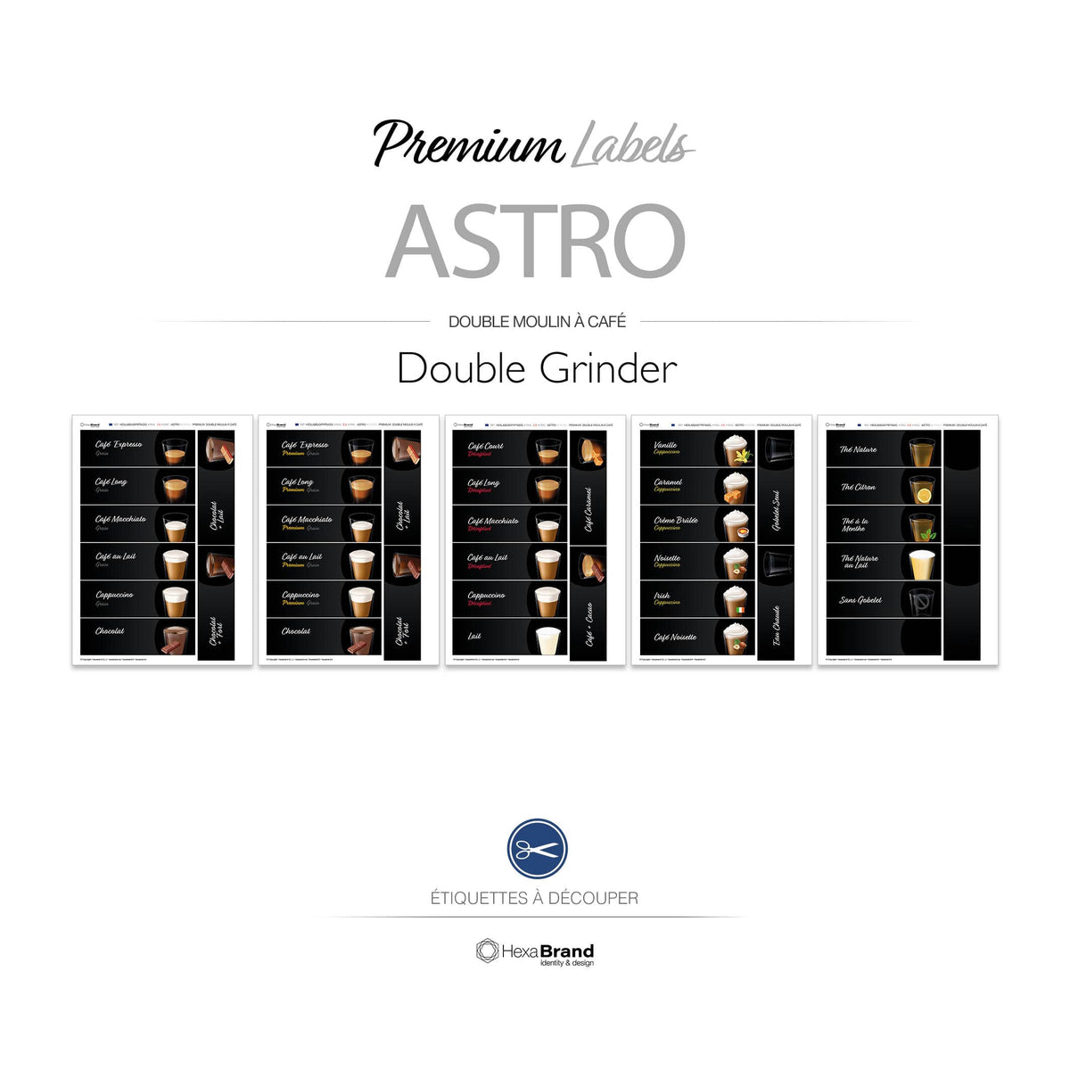 Étiquettes rétroéclairables à découper pour distributeurs automatiques de café Necta Astro. Design Premium Double moulin à café