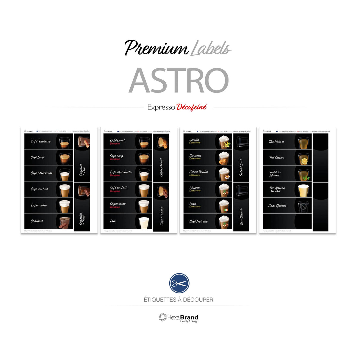 Étiquettes rétroéclairables à découper pour distributeurs automatiques de café Necta Astro. Design Premium Expresso Décaféné
