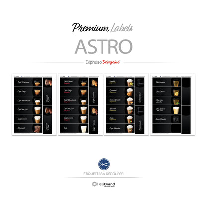 Étiquettes rétroéclairables à découper pour distributeurs automatiques de café Necta Astro. Design Premium Expresso Décaféné
