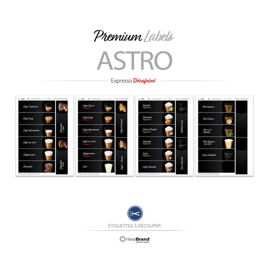 Étiquettes rétroéclairables à découper pour distributeurs automatiques de café Necta Astro. Design Premium Expresso Décaféné

