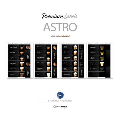 Étiquettes rétroéclairables à découper pour distributeurs automatiques de café Necta Astro. Design Premium Expresso Instantané
