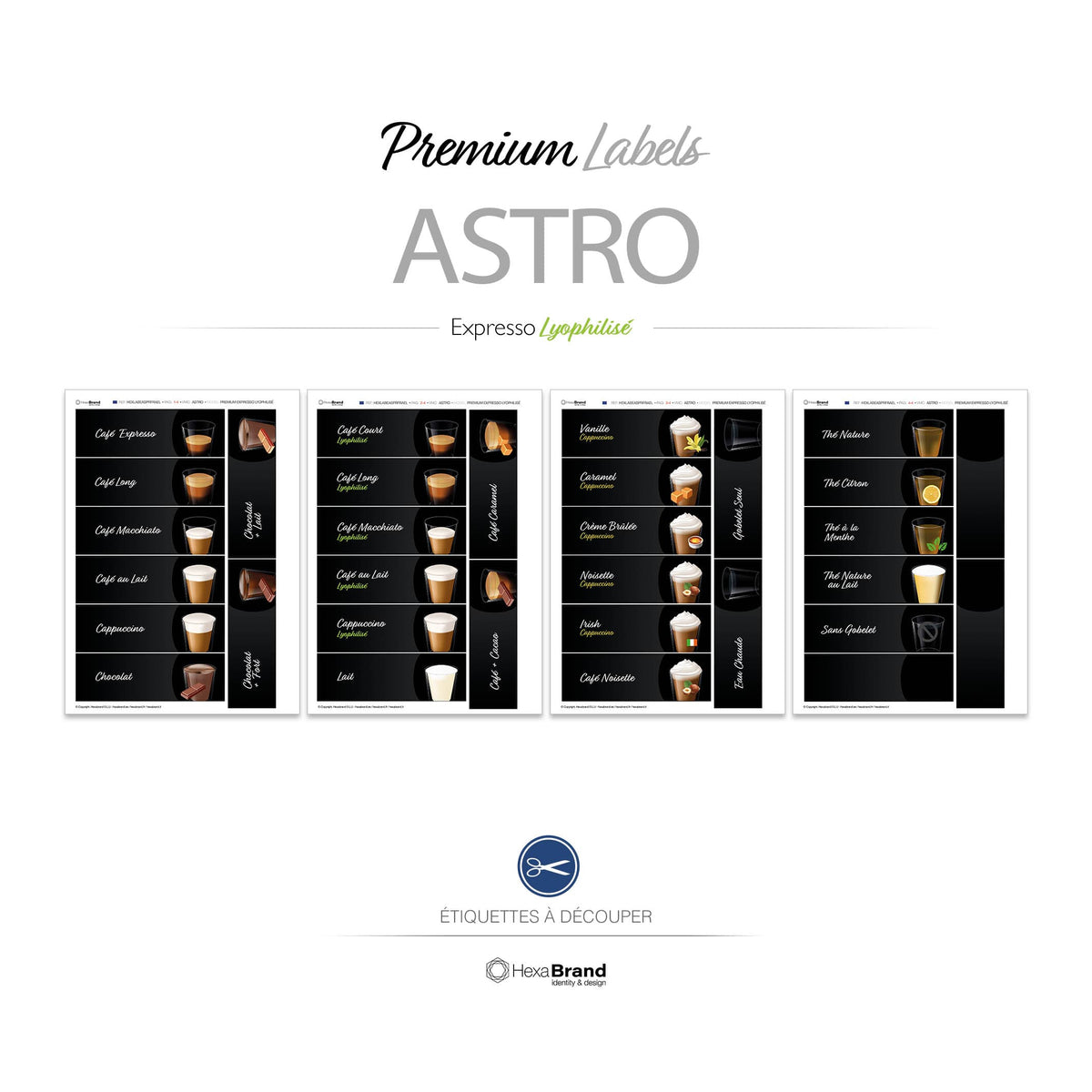 Étiquettes rétroéclairables à découper pour distributeurs automatiques de café Necta Astro. Design Premium Expresso Lyophilisé
