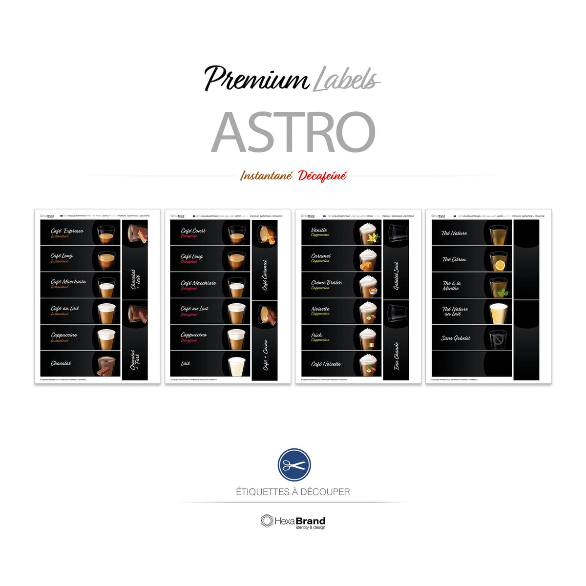 Étiquettes rétroéclairables à découper pour distributeurs automatiques de café Necta Astro. Design Premium Instantané Décaféiné
