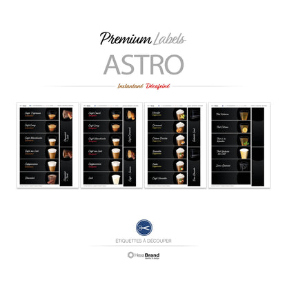 Étiquettes rétroéclairables à découper pour distributeurs automatiques de café Necta Astro. Design Premium Instantané Décaféiné
