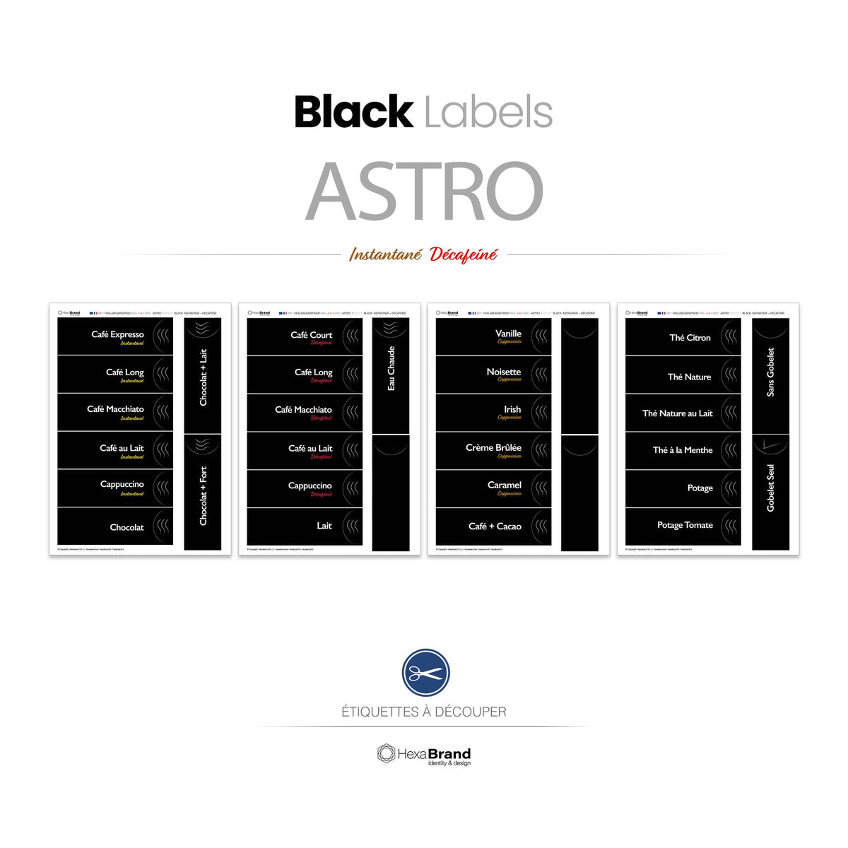 Étiquettes rétroéclairables à découper pour distributeurs automatiques de café Necta Astro. Design Black Instantané Décaféiné