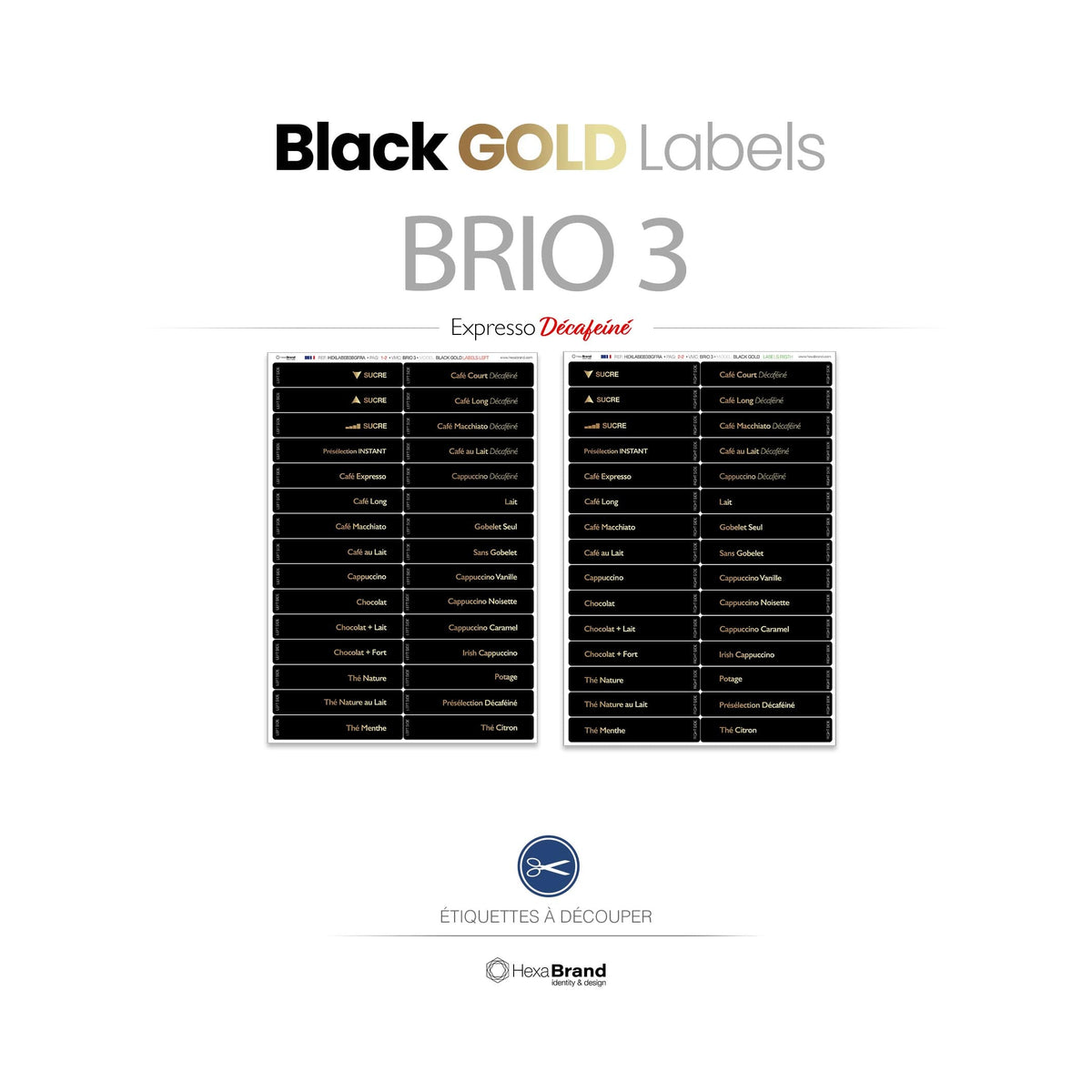 Étiquettes à découper pour distributeurs automatiques de café Necta Brio 3. Design Black Gold