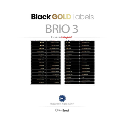 Étiquettes à découper pour distributeurs automatiques de café Necta Brio 3. Design Black Gold