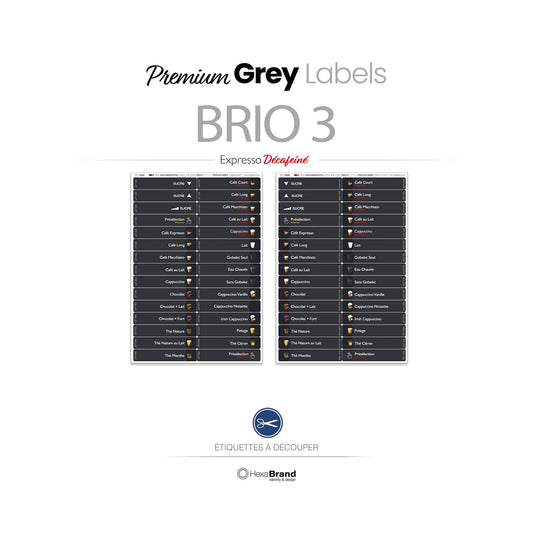 Étiquettes à découper pour distributeurs automatiques de café Necta Brio 3. Design Premium Grey