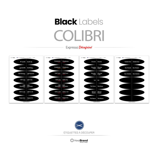 Étiquettes à découper pour distributeurs automatiques de café Necta Colibri. Design Black Expresso Décaféiné