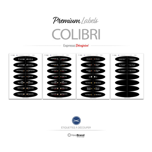Étiquettes à découper pour distributeurs automatiques de café Necta Colibri. Design Premium Expresso Décaféiné