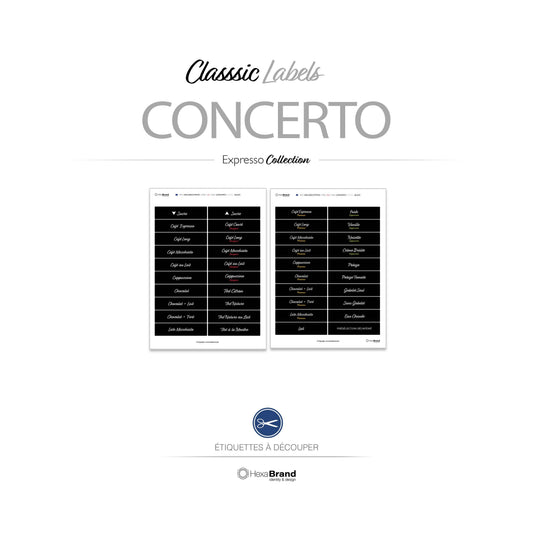 Étiquettes à découper pour distributeurs automatiques de café Necta Concerto. Design Classic