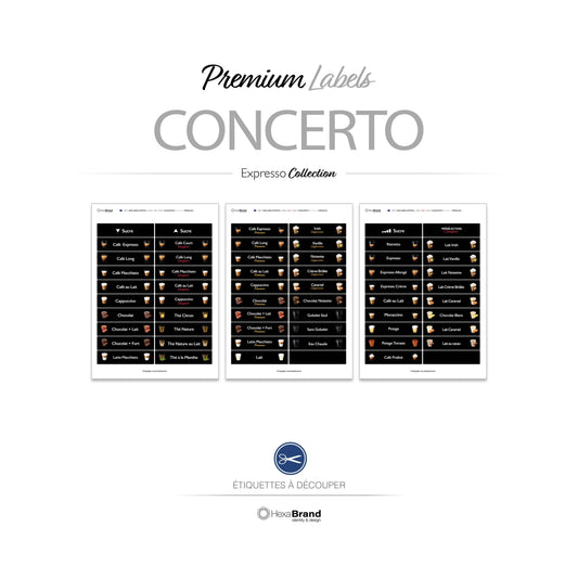 Étiquettes à découper pour distributeurs automatiques de café Necta Concerto. Design Premium