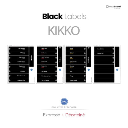 Étiquettes à découper pour distributeurs automatiques de café Necta Kikko. Design Black, Expresso + Décaféiné