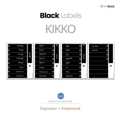Étiquettes à découper pour distributeurs automatiques de café Necta Kikko. Design Black, Expresso + Instantané