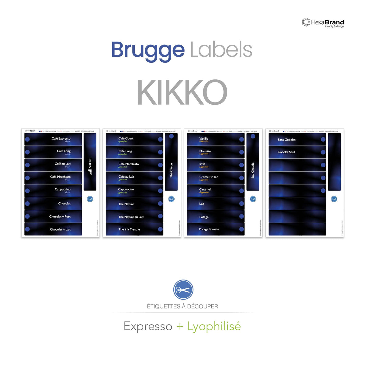 Étiquettes à découper pour distributeurs automatiques de café Necta Kikko. Design Brugge, Expresso + Lyophilisé
