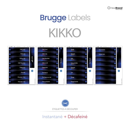 Étiquettes à découper pour distributeurs automatiques de café Necta Kikko. Design Brugge, Instantané + Décaféiné