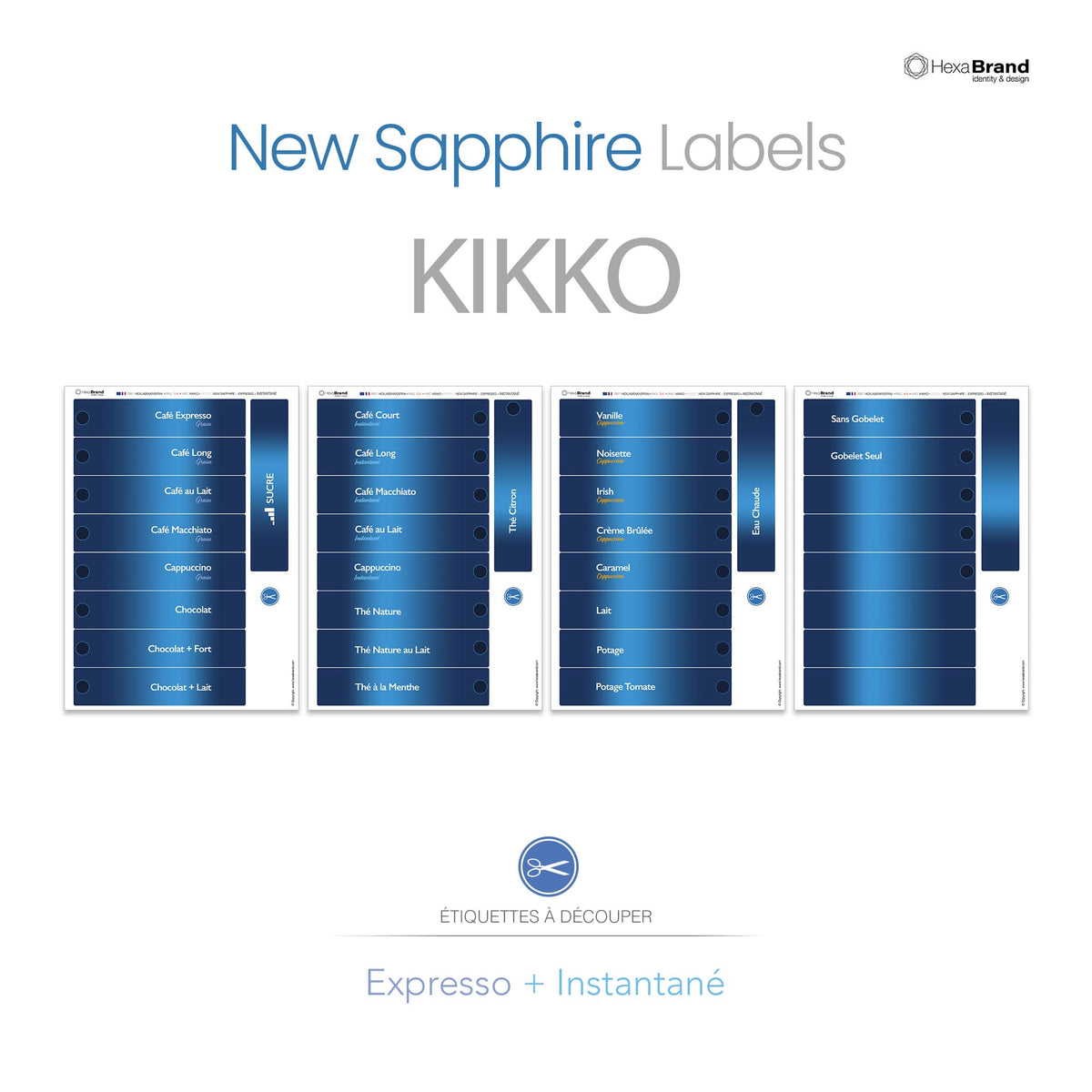 Étiquettes à découper pour distributeurs automatiques de café Necta Kikko. Design New Sapphire, Expresso + Instantané