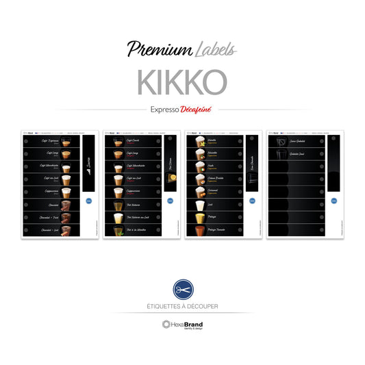 Étiquettes à découper pour distributeurs automatiques de café Necta Kikko. Design Premium, Expresso + Décaféiné