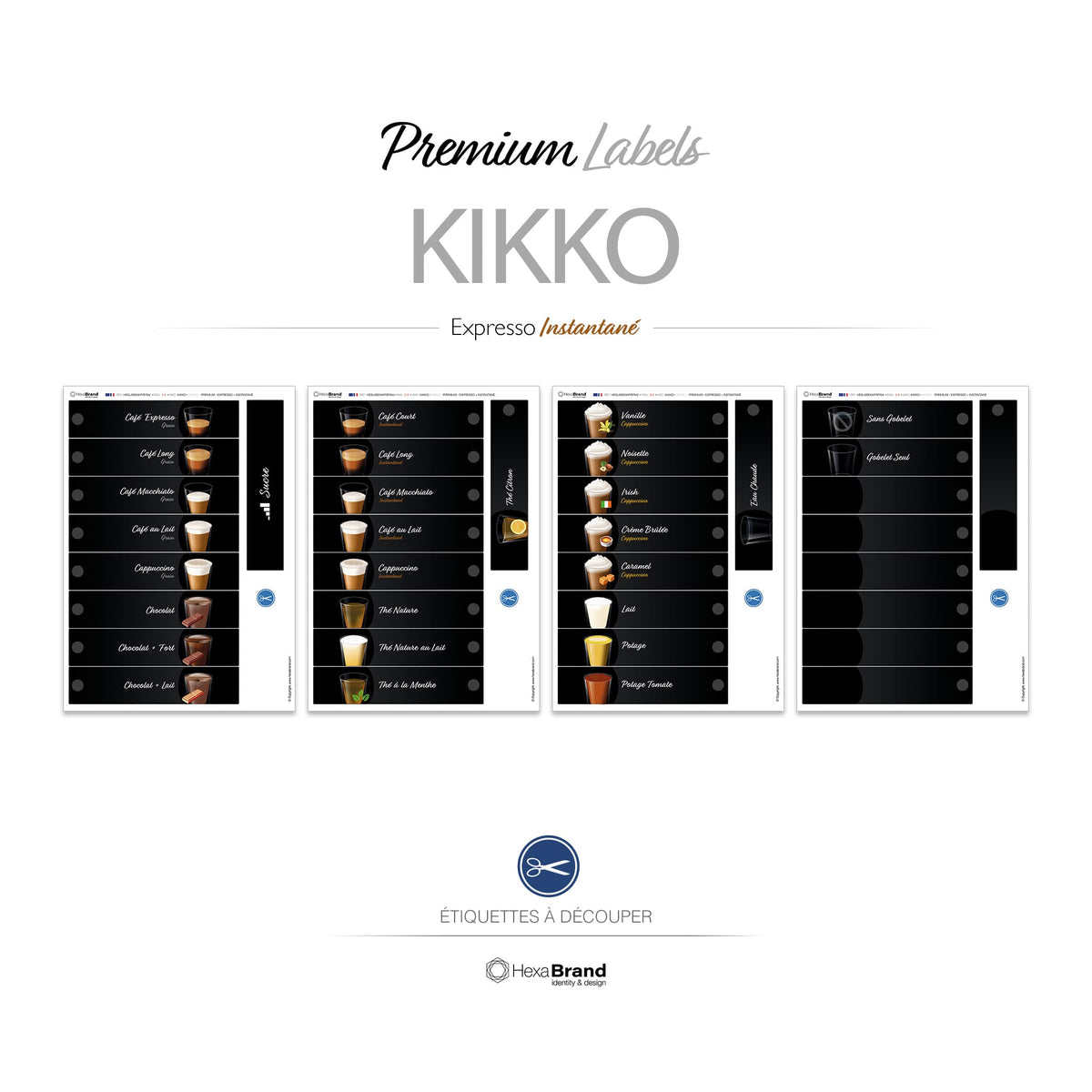Étiquettes à découper pour distributeurs automatiques de café Necta Kikko. Design Premium, Expresso + Instantané