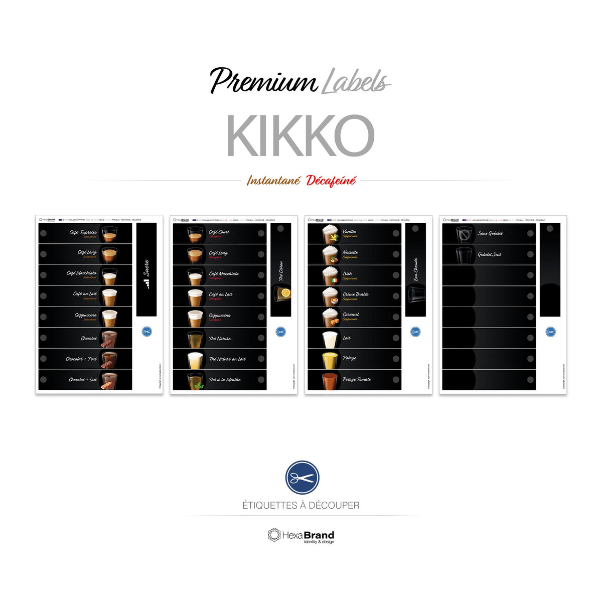 Étiquettes à découper pour distributeurs automatiques de café Necta Kikko. Design Premium, Instantané + Décaféiné
