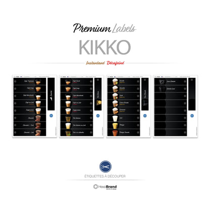 Étiquettes à découper pour distributeurs automatiques de café Necta Kikko. Design Premium, Instantané + Décaféiné