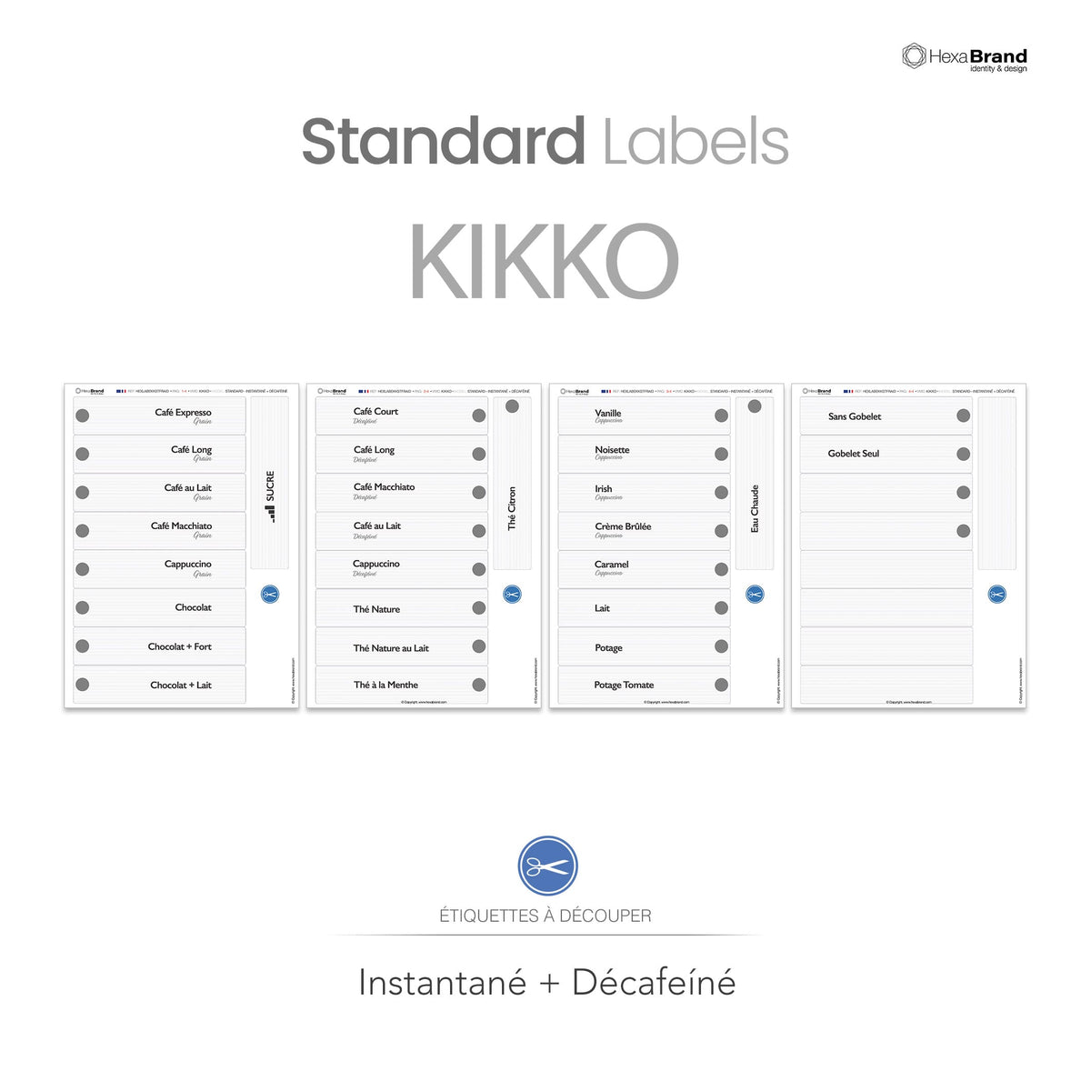 Étiquettes à découper pour distributeurs automatiques de café Necta Kikko. Design Standard, Instantané + Décaféiné