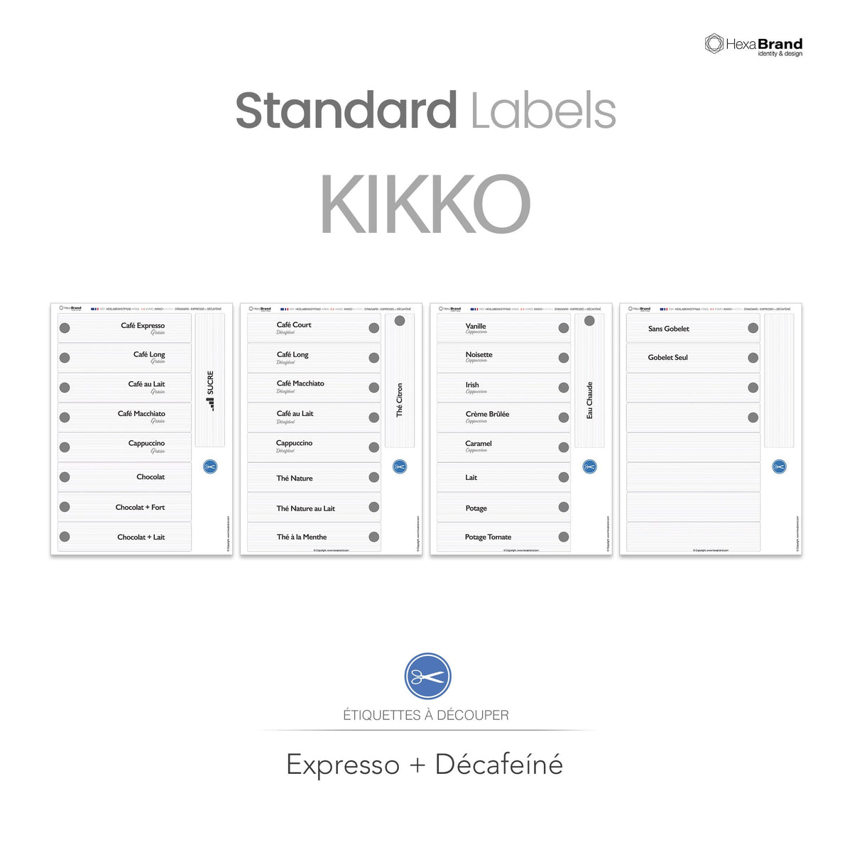 Étiquettes à découper pour distributeurs automatiques de café Necta Kikko. Design Standard, Expresso + Décaféiné