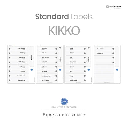 Étiquettes à découper pour distributeurs automatiques de café Necta Kikko. Design Standard, Expresso + Instantané.