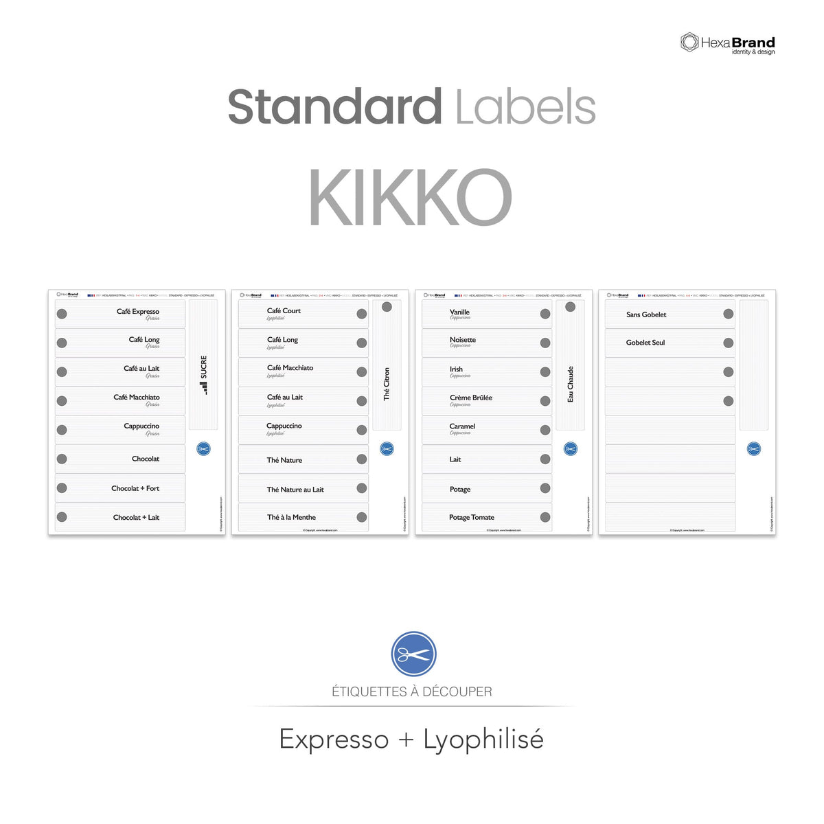 Étiquettes à découper pour distributeurs automatiques de café Necta Kikko. Design Standard, Expresso + Lyophilisé
