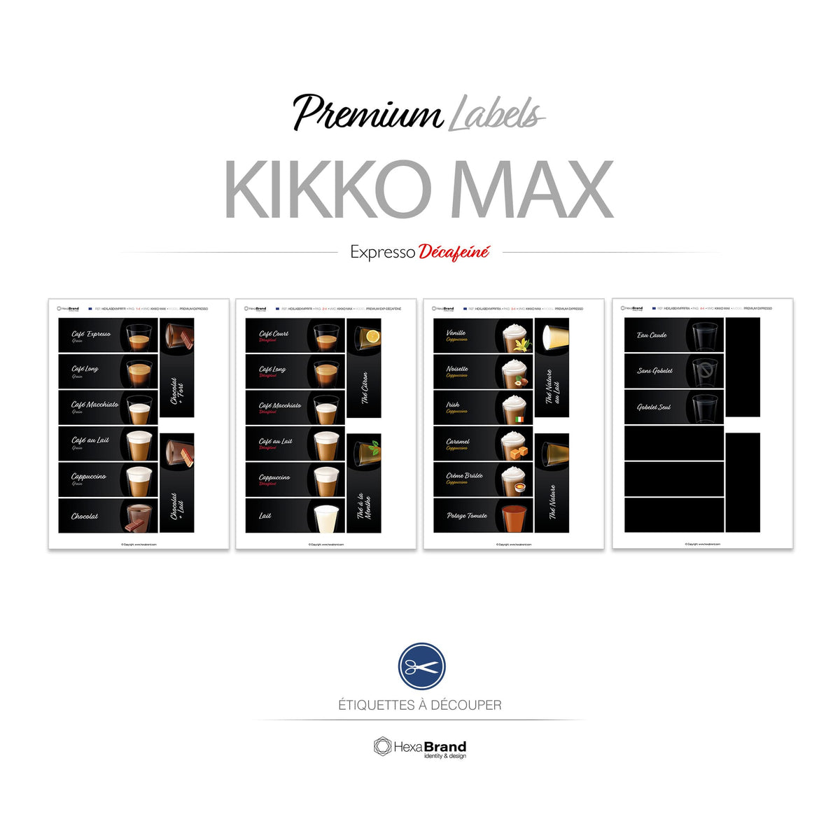 Étiquettes à découper pour distributeurs automatiques de café Necta Kikko Max. Design Premium, Expresso Décaféiné