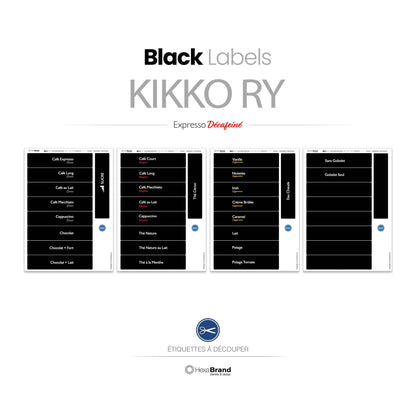 Étiquettes à découper pour distributeurs automatiques de café Necta Kikko RY. Design Black Expresso Décaféiné