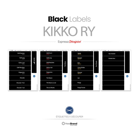 Étiquettes à découper pour distributeurs automatiques de café Necta Kikko RY. Design Black Expresso Décaféiné